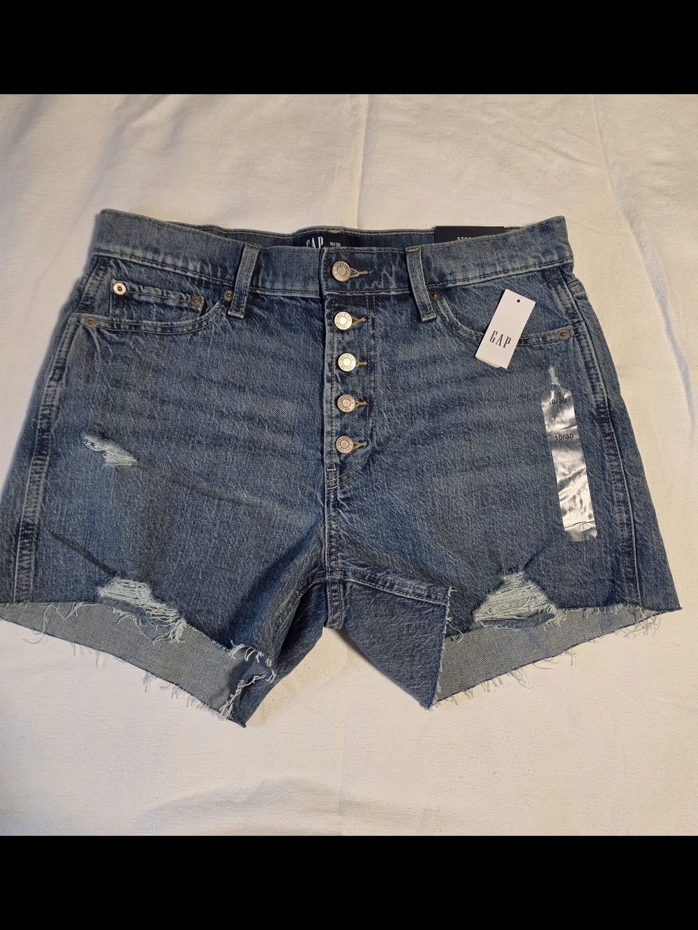 GAP Distressed Button-Front Denim Shorts in Blue